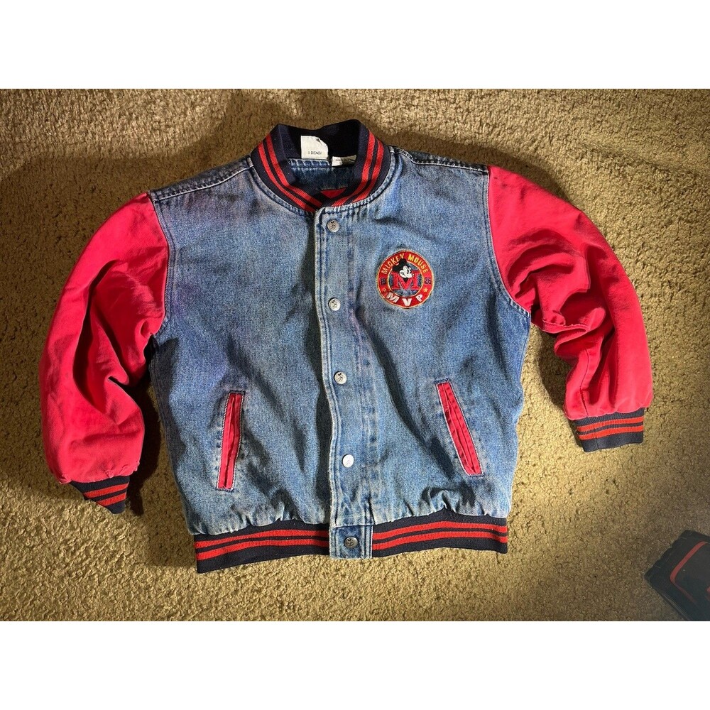 Vintage Disney Store Kids Medium Mickey Mouse MVP Jean Bomber Jacket 1928